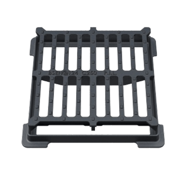 Grille carrée plate en fonte C250 avec cadre pour boîte de branchement - ouverture libre 300,0 mm x 300,0 mm