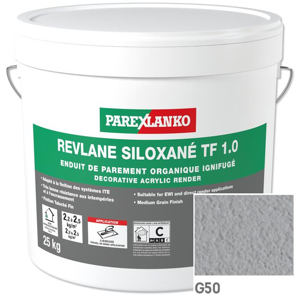 Enduit de parement organique ignifugé Parexlanko Revlane Siloxané TF 1.0 G50 Gris cendre - Seau de 25,0 KG