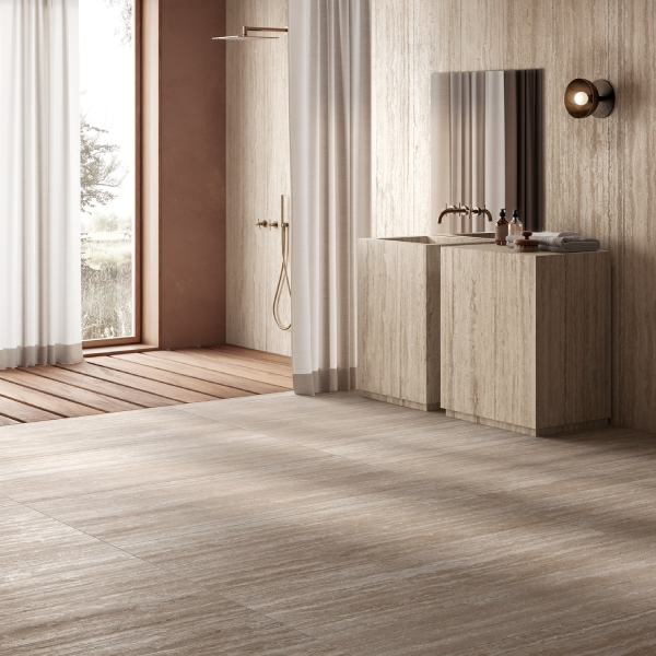 Carrelage effet pierre naturelle de travertin pour sol et mur R9 - Realstone Travertino Vein Noce rectifié - 150 x 75 cm - ép. 9 mm