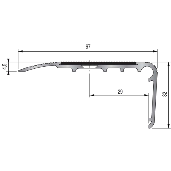 Nez de marche à visser Dinac 2CBIS en alu anodisé naturel  avec bande carbo - 67 MM x 32,0 MM - long. 3,00 M