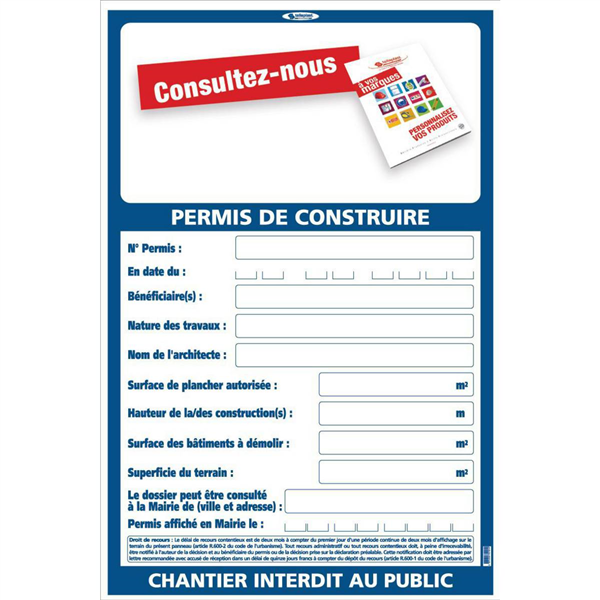 Panneau permis de construire grand modèle 1200 x 800 mm Taliaplast