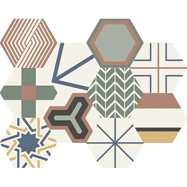 Faïence murale hexagonale effet carreaux de ciment - Stay - 23 x 26 cm - ép. 9 mm - mix de 16 pièces