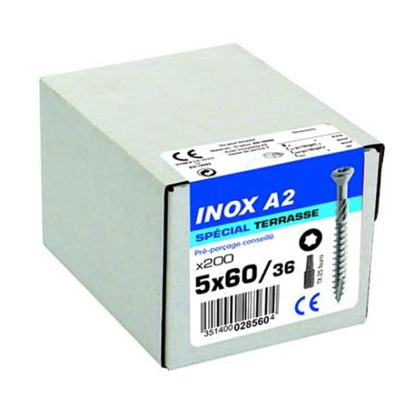 Vis bois terrasse Rocket en Inox A2 tête fraisée empreinte Torx - 5,0 MM x 60,0 MM/36,0 MM - Boîte de 200