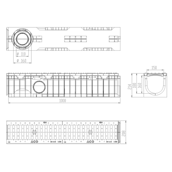 ACO XTRALINE C 150 - PEHD - GR. PASS FONTE 18MM - FEUILLURE COMPO - HAUTEUR 160