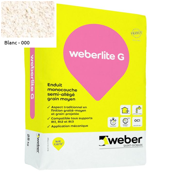 Enduit monocouche semi-allégé et coloré à grain moyen WeberLite G 000 Blanc - sac de 25 KG