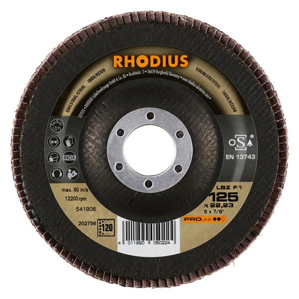 Disque à lamelles spécial acier et inox - LSZ F1 Rhodius - 125 x 22.23 mm - grain 120