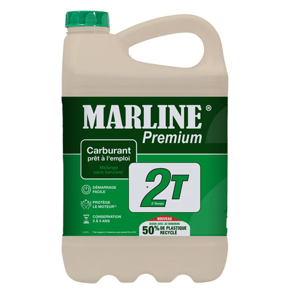 Mélange prêt à l'emploi pour moteurs 2 temps - Marline Premium 2T - Essence Alkylate + huile 2,8% - Bidon de 5 litres