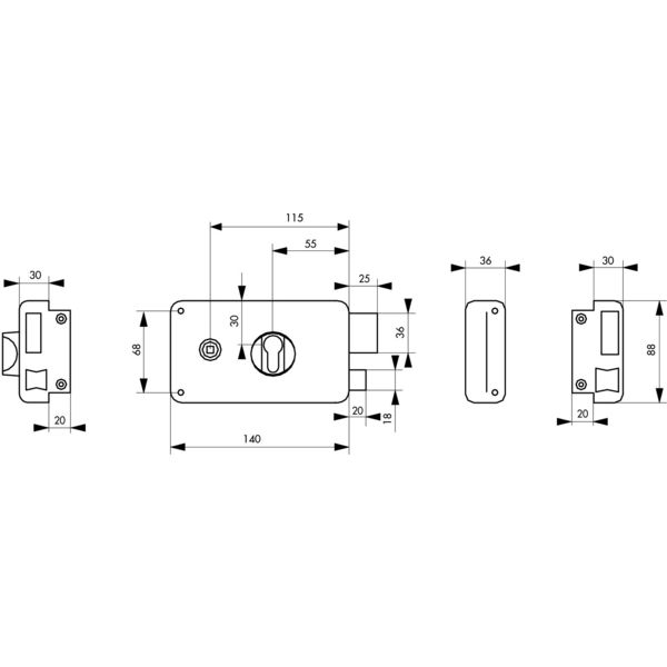 Boitier serrure de grille à fouillot horizontale 140 x 88 mm axe 55 mm époxy noir granité main gauche