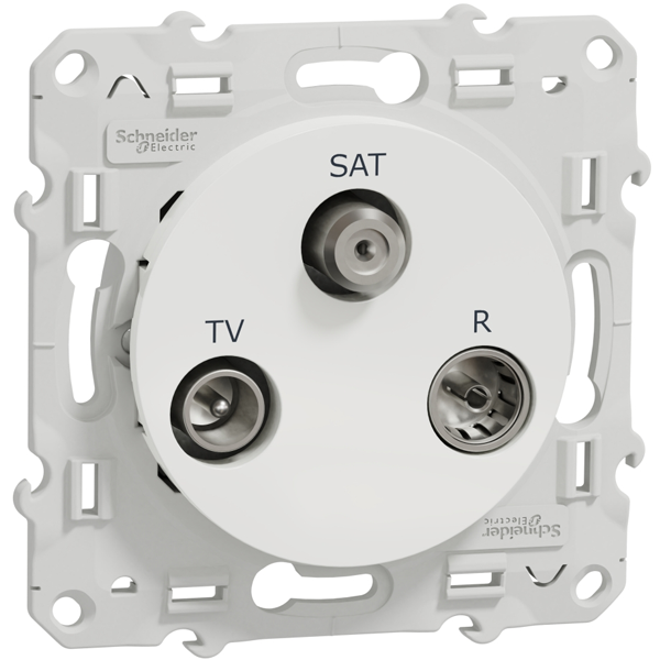 Prise TV FM et SAT Schneider Odace à 1 entrée - avec support - blanc - connexions mâle CEI - IEC femelle - type F