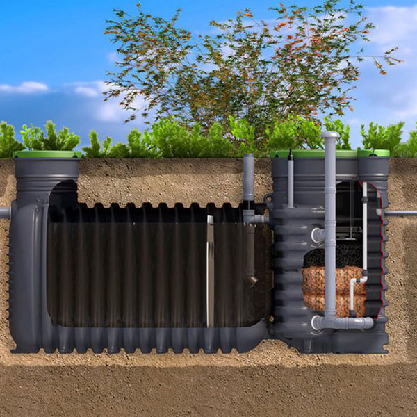 Filtre compact assainissement sans électricité easyCompact 5 EH sortie haute avec poste de relevage pour résidence principale et secondaire