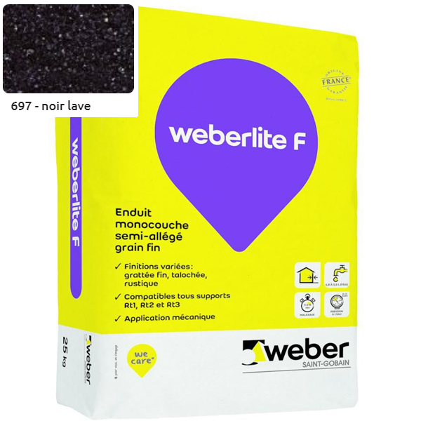 Enduit monocouche semi-allégé et coloré à grain fin WeberLite F 697 Noir lave - sac de 25 KG