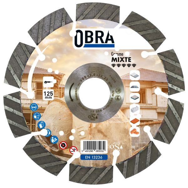 Disque diamant mixte haut de gamme découpe matériaux durs Ø 125 mm Obra - 10 segments - Alésage 22,23 mm