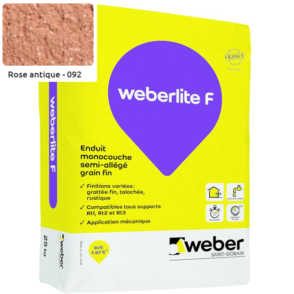 Enduit monocouche semi-allégé et coloré à grain fin WeberLite F 092 Rose antique - sac de 25 KG