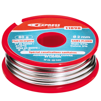 Bobine de soudure étain spéciale plomberie sanitaire 97% étain 3% cuivre - Ø 2 mm - 80 gr