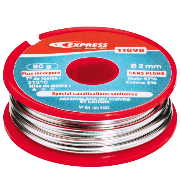Bobine de soudure étain spéciale plomberie sanitaire 97% étain 3% cuivre - Ø 2 mm - 80 gr