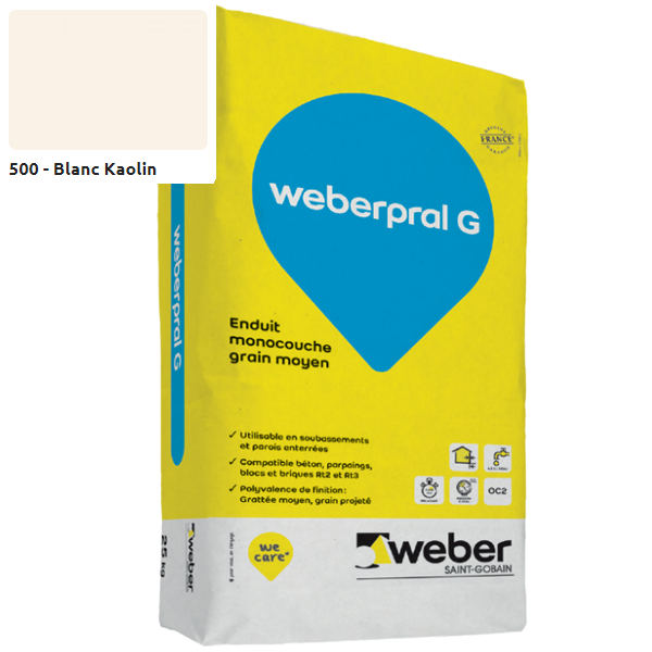 Enduit monocouche lourd et coloré à grain moyen WeberPral G 500 Blanc kaolin - sac de 25 KG