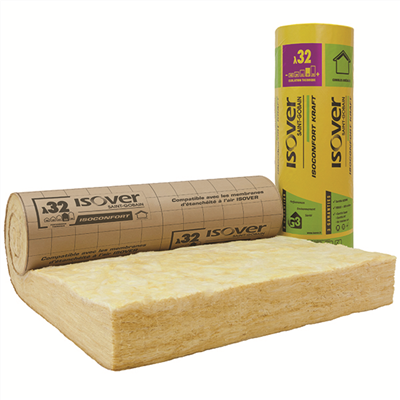 Rouleau laine de verre pour combles aménagés - Isoconfort 32 revêtu kraft - R=6,25 m².K/W - 2,20 M x 1,20 M - ép.200 MM