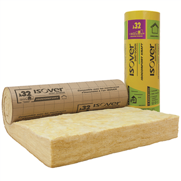 Rouleau laine de verre pour combles aménagés - Isoconfort 32 revêtu kraft - R=6,25 m².K/W - 2,20 M x 1,20 M - ép.200 MM
