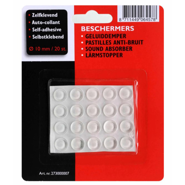 Pastille anti-bruit, anti-choc et antidérapante adhésive Ø 10 mm - Plastique transparent - Lot de 20