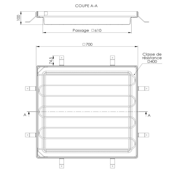Tampon à remplir de béton ou à paver en acier galvanisé - BOTOLI TOB61 - pour boite de branchement - 700,0 mm x 700,0 mm