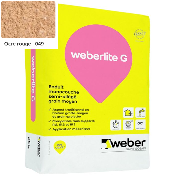 Enduit monocouche semi-allégé et coloré à grain moyen WeberLite G 049 Ocre rouge - sac de 25 KG