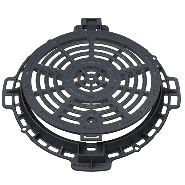 Regard eau pluviale avec grille en fonte PMR C250 articulée verrouillée et cadre avec joint antibruit - ∅850 mm passage utile ∅600 mm
