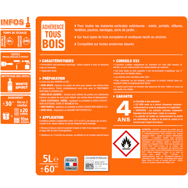 Lasure classique V33 pour bois neufs et anciens - Tenue 4 ans - Chêne foncé - Satin - Pot 5L