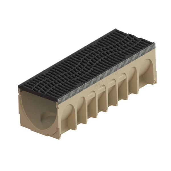 Caniveau béton polymère Aco Multidrain C250 - feuillures acier galvanisé avec grille DUNE fonte - Larg. 300,0 mm x Haut. 300,00 mm - Long. 1,00 m