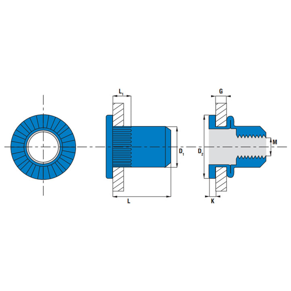 Ecrou aveugle cranté acier tête plate diamètre 05-30 épaisseur tôle 0.3 à 3.0 mm diamètre perçage 6.9 mm - boîte de 500
