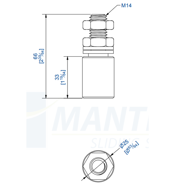 Guide à olive en nylon Mantion 23025 sans platine - diamètre 25 mm - filetage M14