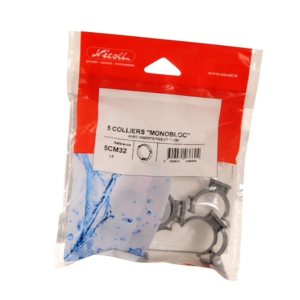 Collier monobloc Nicoll pour système d'évacuation - Diamètre 40 mm - Polypropylène gris - Sachet de 5 pièces