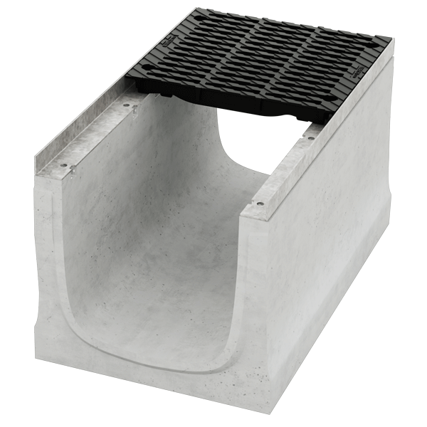 Caniveau en béton D400 BIRCOsir largeur 420,0 mm avec feuillures acier galvanisé et grille fonte triple fentes D400 PMR - 1000 mm