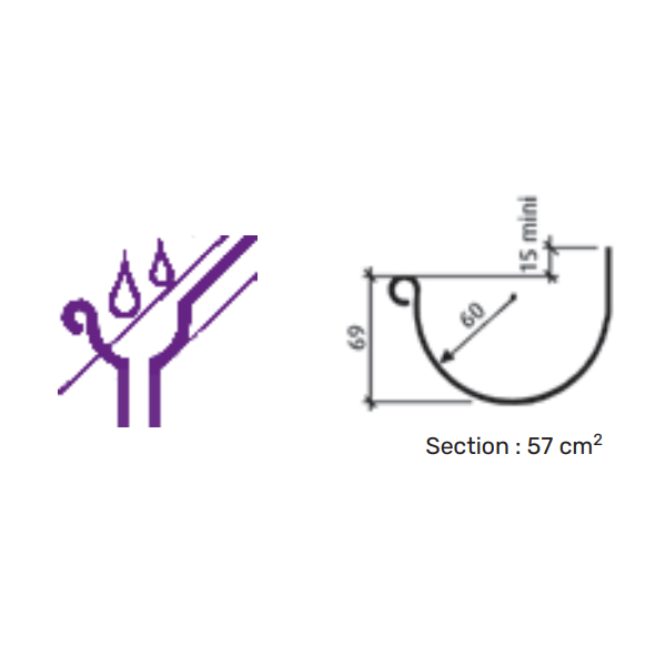 Gouttière demi-ronde à ourlet en zinc Naturel VMZINC - Avec pince - 250 MM - ép. 0,65 MM - 4 M