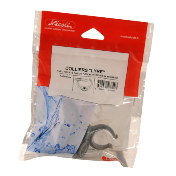 Collier lyre Nicoll avec attache de sécurité - Diamètre 32 mm - Polypropylène gris - Sachet de 5