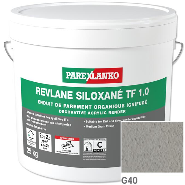 Enduit de parement organique ignifugé Parexlanko Revlane Siloxané TF 1.0 G40 Gris fumé - Seau de 25,0 KG