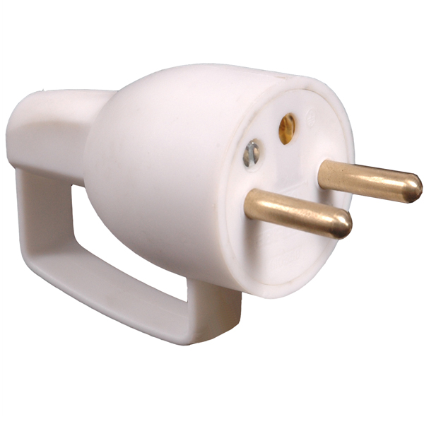 Fiche male droite à coiffe avec anneau de traction 2P+T 16A blanc