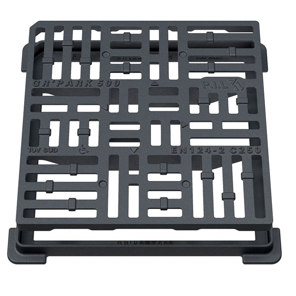 Grille carrée plate en fonte PMR C250 avec cadre - ouverture libre 500,0 mm x 500,0 mm