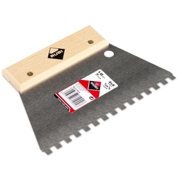 Peigne colle acier carreleur - Denture carrée 6x6 mm Rubi - Lame large 18 cm - Manche en bois