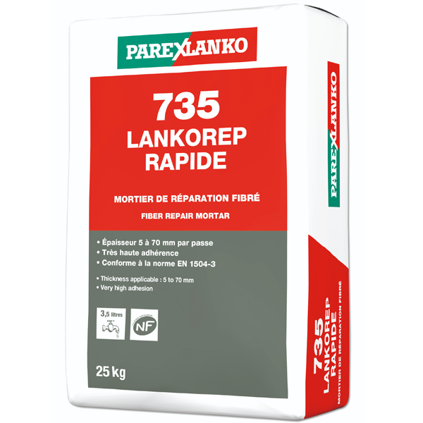 Mortier de réparation fibré à retrait compensé LANKOREP RAPIDE 735 - sac de 25 KG