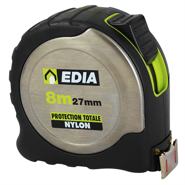 Mètre ruban 8 mètres EDIA XL à double graduation et crochet grip 27 mm classe 2