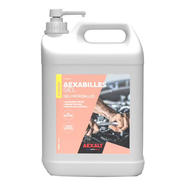 Gel nettoyant microbilles pour mains parfum citron - salissures fortes - Aexabilles Aexalt - bidon avec pompe de 4,5 LTR
