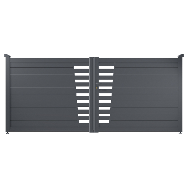 Portail aluminium sur mesure Planet CT 67 - Battant ou coulissant - Ajourage au choix avec remplissage horizontal 130 x 20 mm