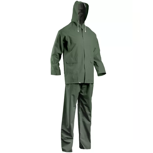 Ensemble de pluie avec veste à capuche et pantalon imperméables en PVC vert - taille XL