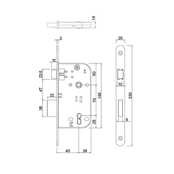 Serrure à encastrer Abus à clé en L pour porte intérieure - axe 40 mm entraxe 70 mm carré 7 mm - noire