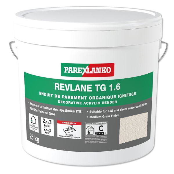 Enduit de parement organique ignifugé pour façades - Revlane TG 1.6 Parexlanko - G00 Blanc naturel - Seau de 25 KG