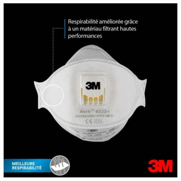 Masque de protection FFP2 pliable 3M Aura 9322+ antipoussière de ponçage -  avec soupape - lot de 10