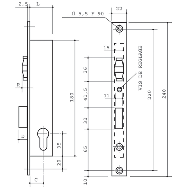 Coffre serrure Metalux série 8 largeur 21 mm axe 10.5 mm 1 point sans gâche