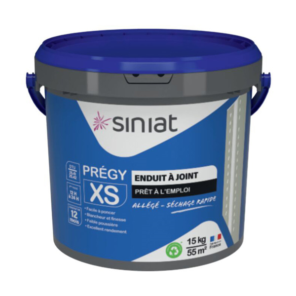 Enduit à joint prêt à l'emploi pour plaques de plâtre - Prégy XS Siniat - allégé et séchage rapide - seau de 15,0 KG
