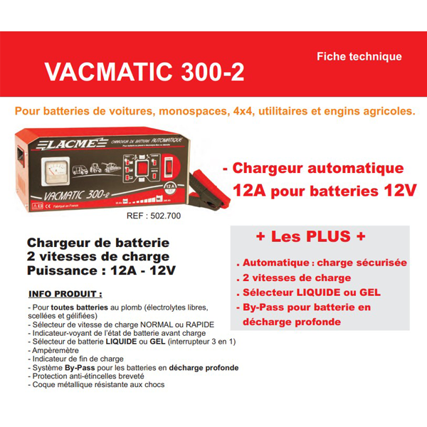 Chargeur automatique 12 A pour batteries au plomb 12 V Lacmé VACMATIC 300-2