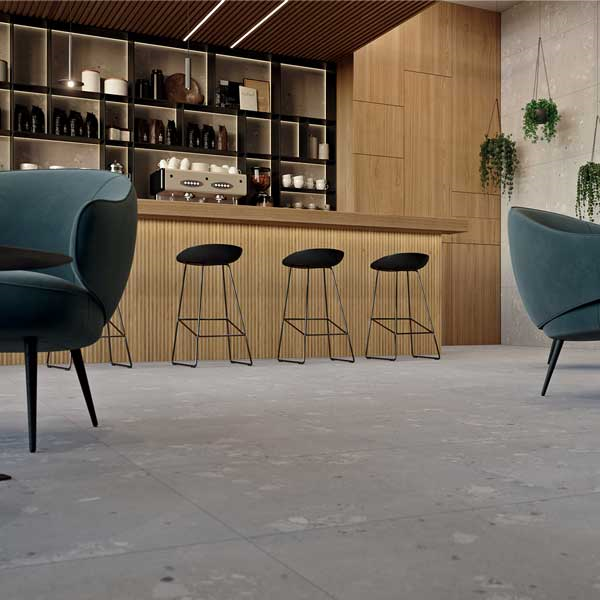 Carrelage sol intérieur effet terrazzo en grès cérame émaillé avec surface ABS - Castone - 80,0 CM x 80,0 CM - ép. 10,00 MM - Gris ciment